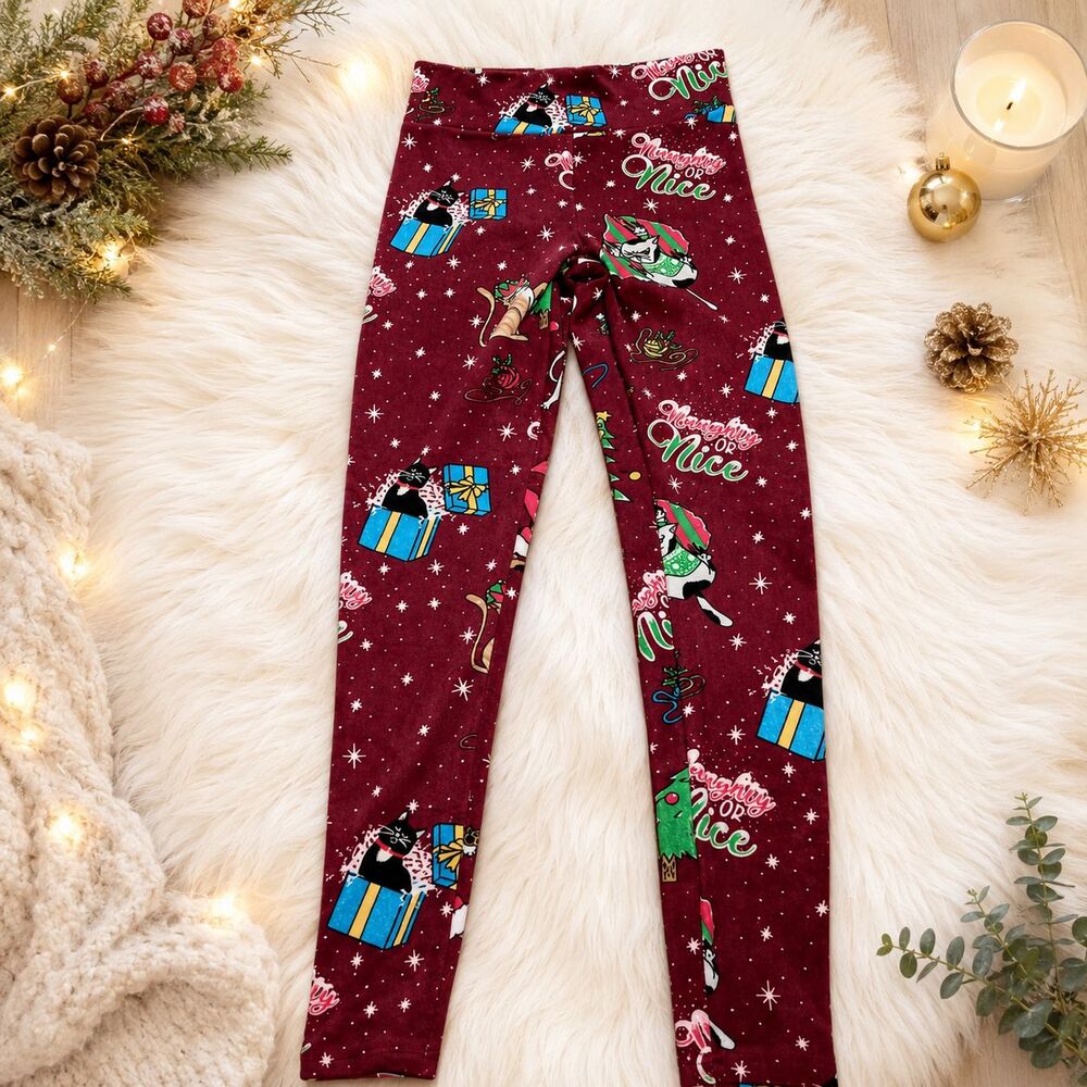 No Boundaries Women's Christmas Cats Naughty or Nice Fleece Leggings S/M Holiday